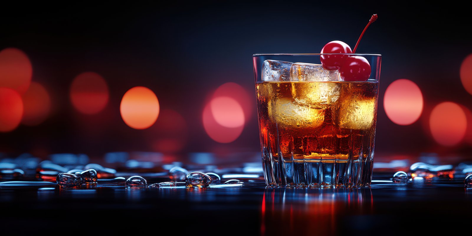 Refreshing whiskey cocktail served in a glass with ice and a cherry against a vibrant bokeh background at a modern bar